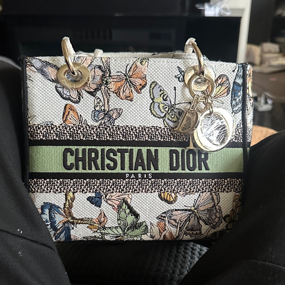 Dior White and Green Butterfly Tote